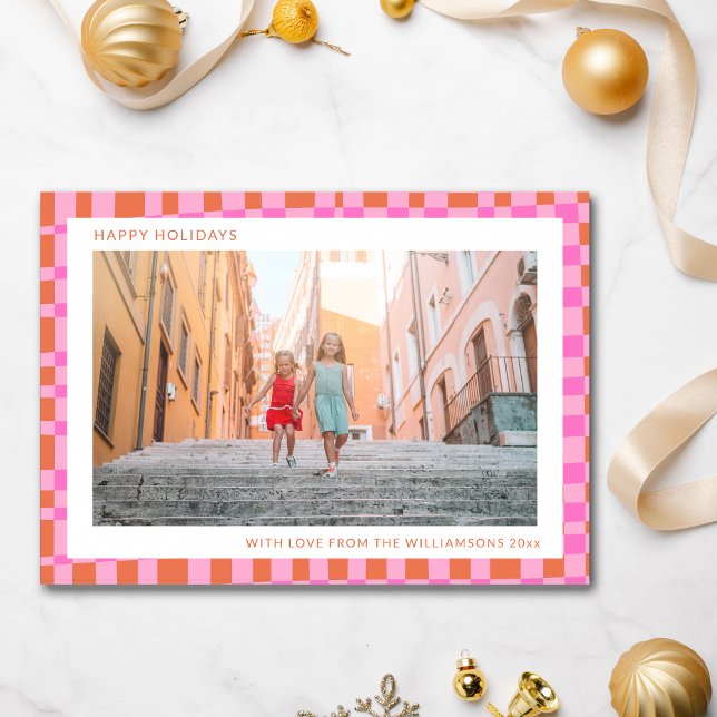 Pink Orange Unique Retro Chequerboard Two Photo  Holiday Card (Creator Uploaded)
