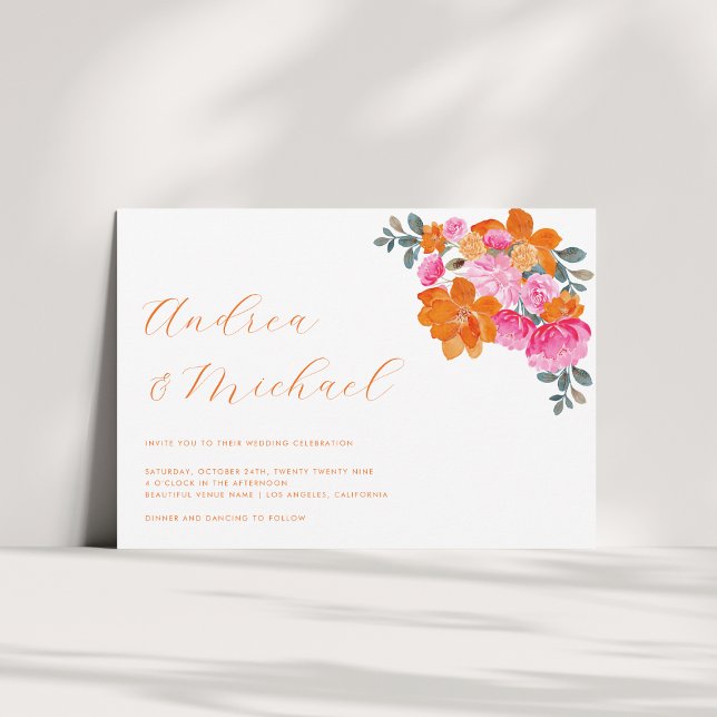 Pink & Orange Vibrant Floral QR Code Photo Wedding Invitation (Creator Uploaded)