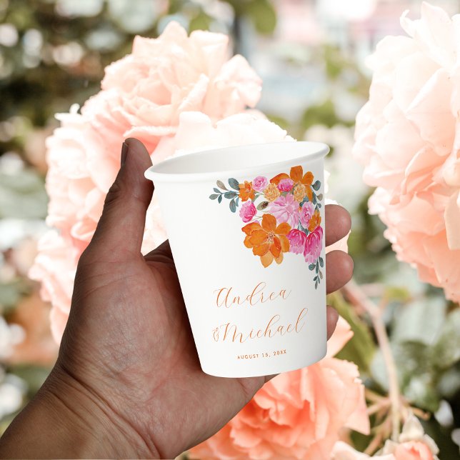 Pink Orange Vibrant Summer Custom Floral Wedding Paper Cups (Creator Uploaded)