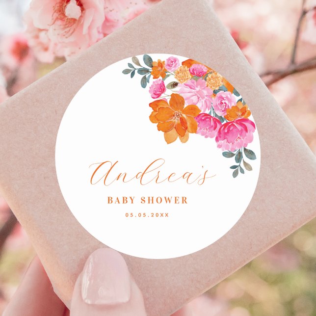 Pink & Orange Vibrant Summer Floral Baby Shower  Classic Round Sticker (Creator Uploaded)