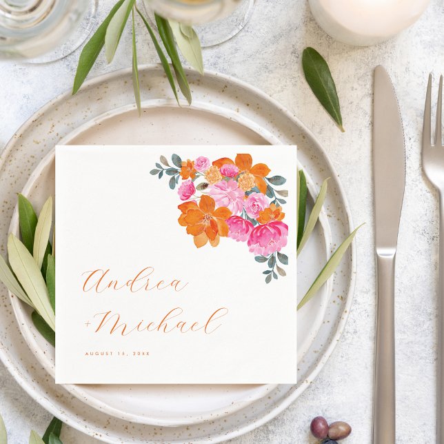 Pink Orange Vibrant Summer Floral Bloom Wedding Napkin (Creator Uploaded)