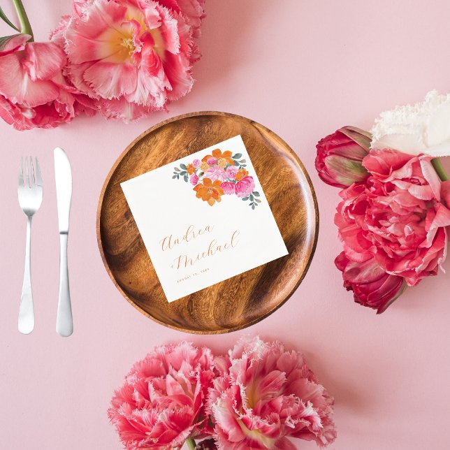 Pink Orange Vibrant Summer Floral Bloom Wedding Napkin (Creator Uploaded)