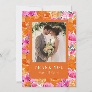 Pink & Orange Vibrant Summer Floral Bloom Wedding Thank You Card