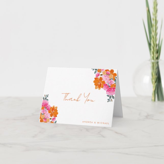 Pink & Orange Vibrant Summer Garden Bloom Wedding Thank You Card (Front)