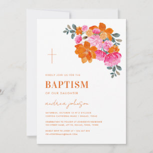 Pink Orange Vibrant Summer Garden Cross Baptism Invitation