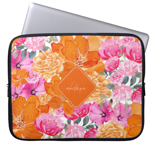 Pink & Orange Vibrant Summer Garden Monogram Bloom Laptop Sleeve (Front)