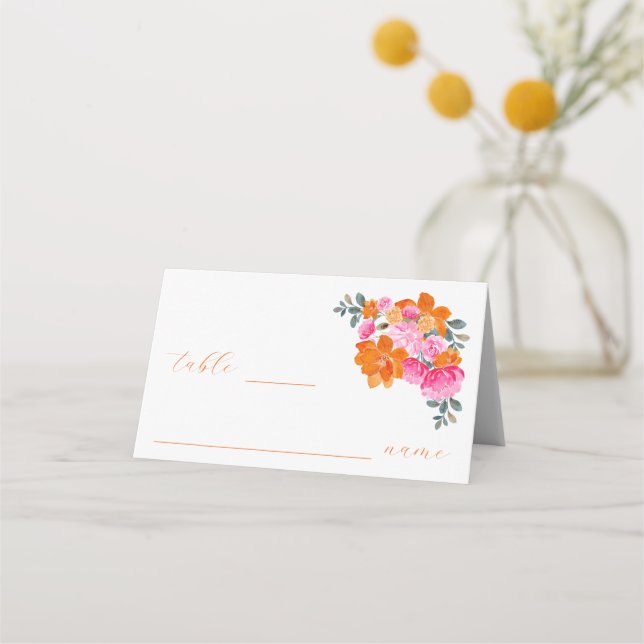 Pink Orange Vibrant Summer Garden Wedding Table Place Card (Front)
