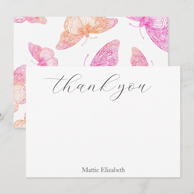 Pink Orange Watercolor Butterfly Pattern  Thank You Card (Front/Back)