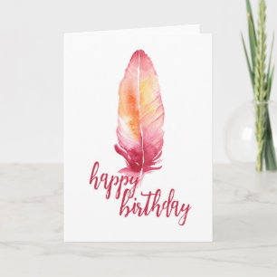 Pink & Orange Watercolor Feather Birthday Card