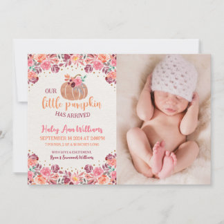 Pink & Orange Watercolor Floral Lil Pumpkin Birth Invitation
