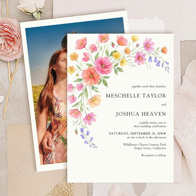 Pink Orange Watercolor Floral Photo Wedding Invitation (Pink Orange Flowers Pretty Wedding Invitation from Wildflower Bloom collection by Darling & May)