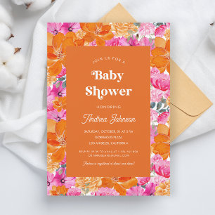 Pink & Orange Watercolor Floral Retro Baby Shower Invitation