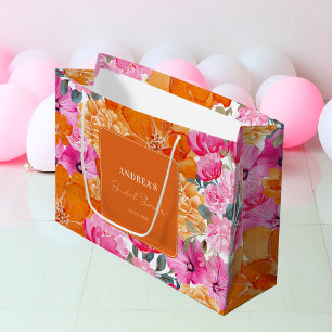 Pink Orange Watercolor Floral Summer Bridal Shower Large Gift Bag