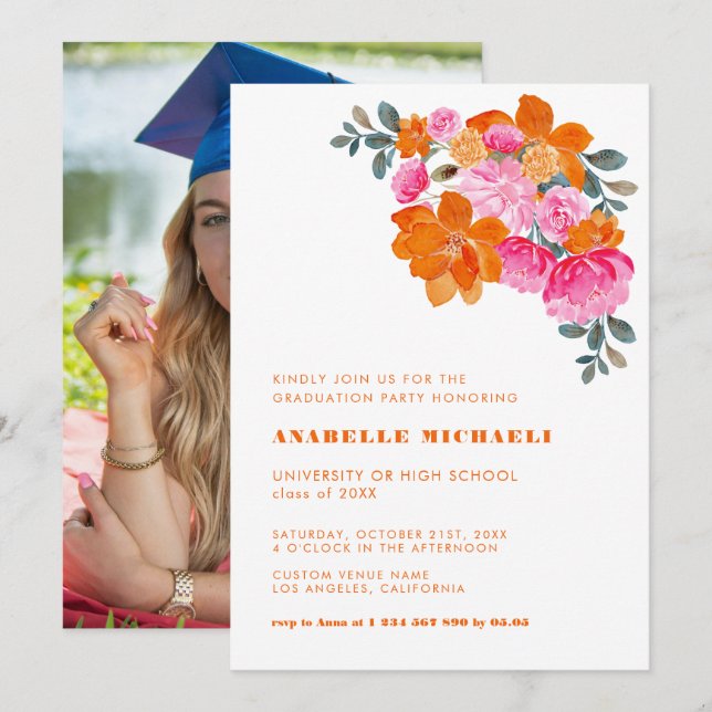 Pink & Orange Watercolor Floral Vibrant Graduation Invitation (Front/Back)