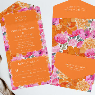 Pink & Orange Watercolor Floral Vibrant Wedding All In One Invitation
