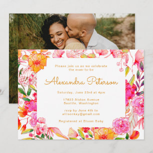 Pink Orange Watercolor Flowers Baby Shower Photo Invitation