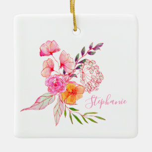 Pink Orange Watercolor Flowers Personalised Name Ceramic Ornament