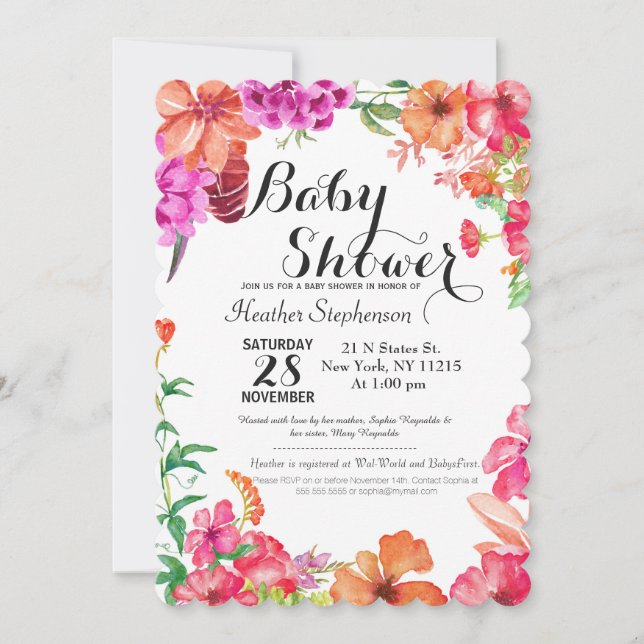 Pink Orange Watercolor Garden Baby Shower Invites (Front)