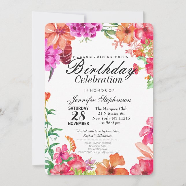 Pink Orange Watercolor Garden Birthday Party Invitation (Front)