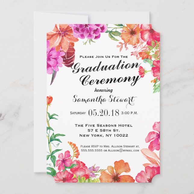 Pink Orange Watercolor Garden Graduation Ceremony Invitation (Front)