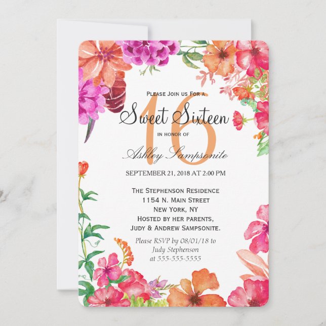 Pink Orange Watercolor Garden Sweet 16 Invitations (Front)