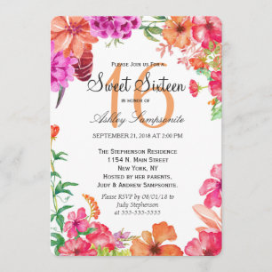 Pink Orange Watercolor Garden Sweet 16 Invitations