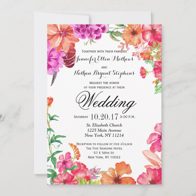 Pink Orange Watercolor Garden Wedding Invitations (Front)