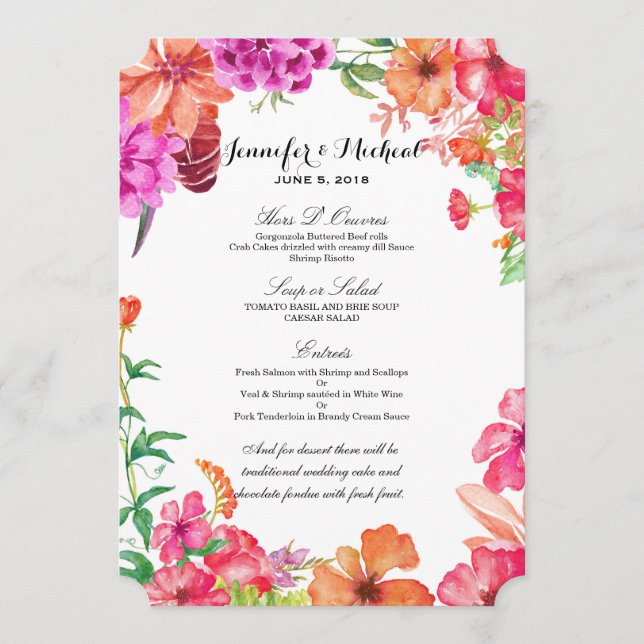 Pink Orange Watercolor Garden Wedding Menu (Front)