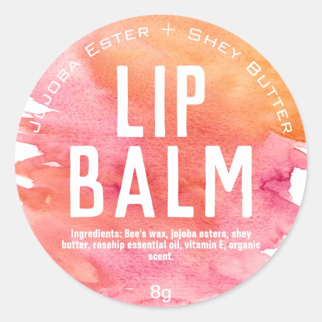 Pink Orange Watercolor Lip Balm Pot Labels (Front)