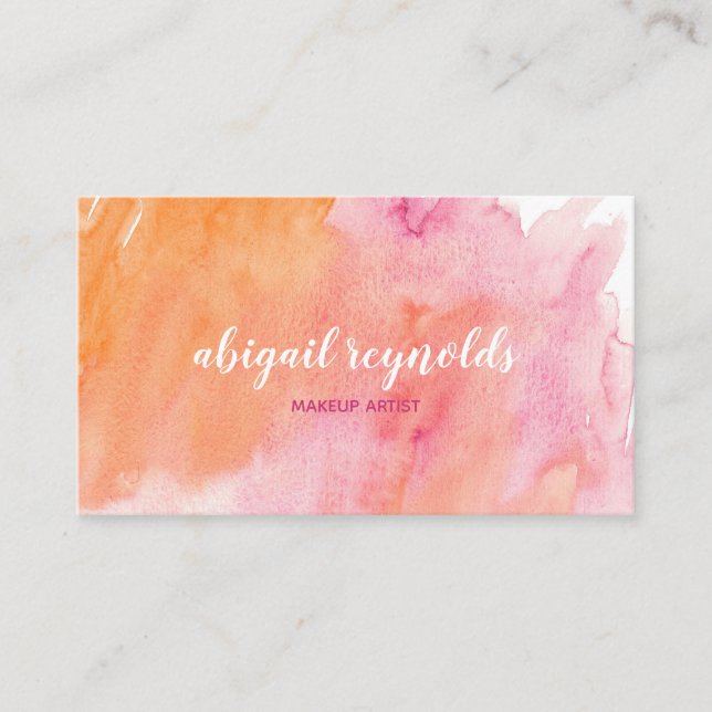 Pink & Orange Watercolor Makeup Aritist Business Card (Front)