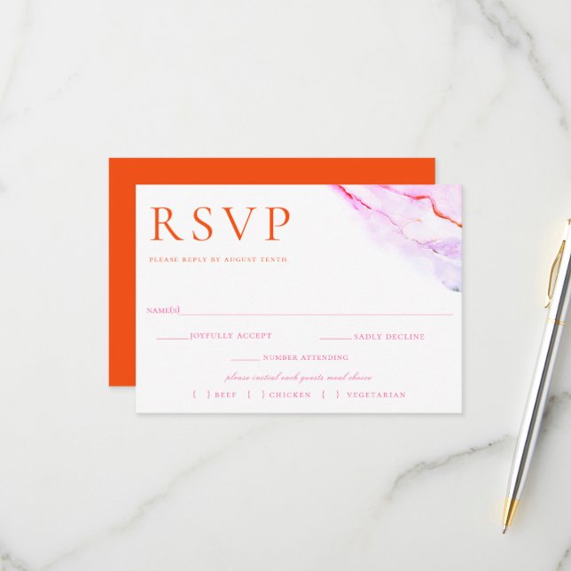 Pink Orange Watercolor Wedding RSVP Meal Choice Card (Front/Back In Situ)