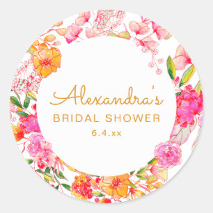 Pink Orange Watercolor Wildflowers Bridal Shower Classic Round Sticker