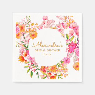 Pink Orange Watercolor Wildflowers Bridal Shower Napkin