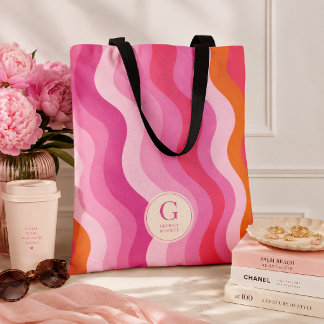 Pink Orange Waves Personalised Monogram Tote Bag