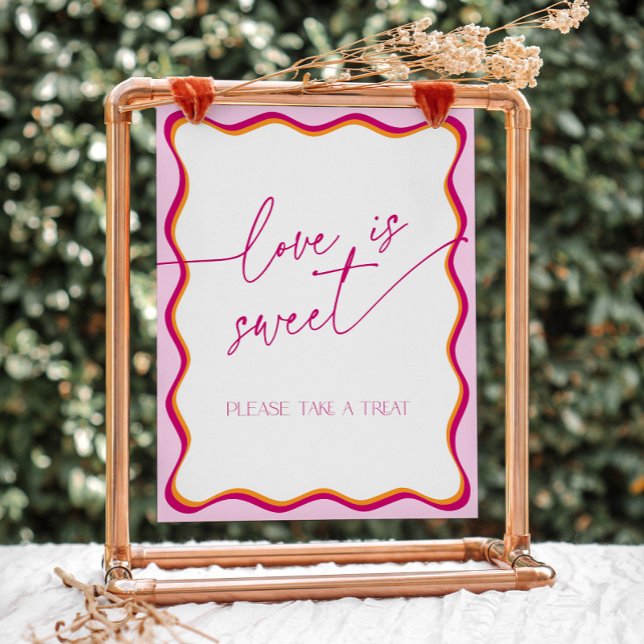 Pink Orange Wavy Border Love is Sweet Take a Treat Pedestal Sign (Pink and orange wavy border love is sweet, please take a treat sign)