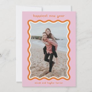 Pink & Orange Wavy Frame Happiest New Year Holiday Card
