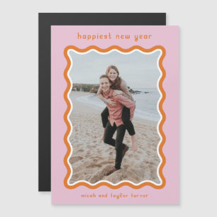 Pink & Orange Wavy Frame Happiest New Year Magnetic Invitation