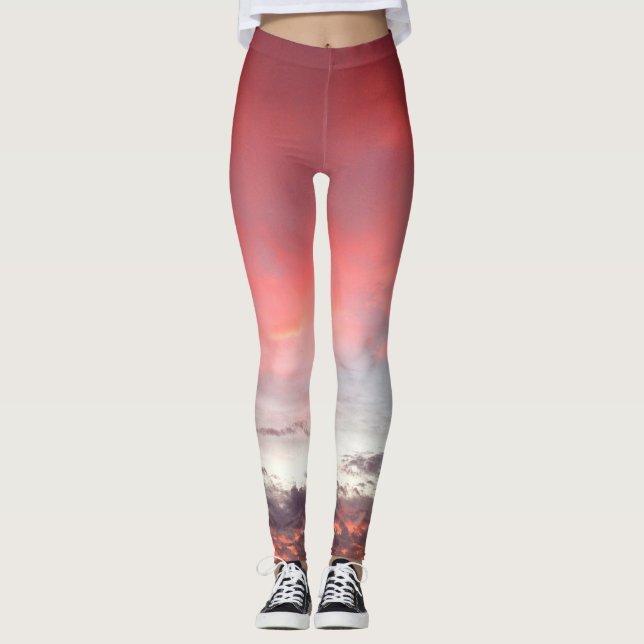Pink orange white clouds sunset photo stylish bold leggings (Front)