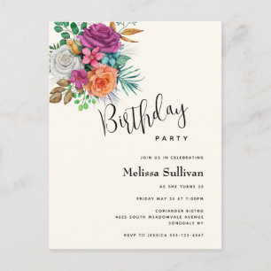 Pink, Orange & White Roses Birthday Invitation Postcard