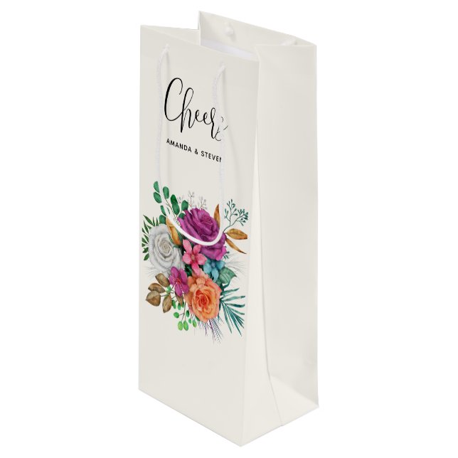 Pink, Orange & White Roses Bouquet Cheers Wine Gift Bag (Front Angled)