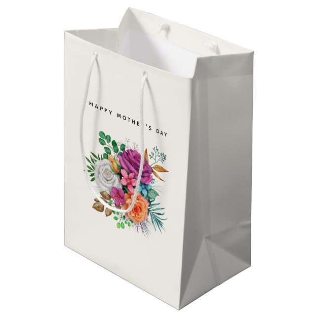Pink, Orange & White Roses Bouquet Mother's Day Medium Gift Bag (Front Angled)