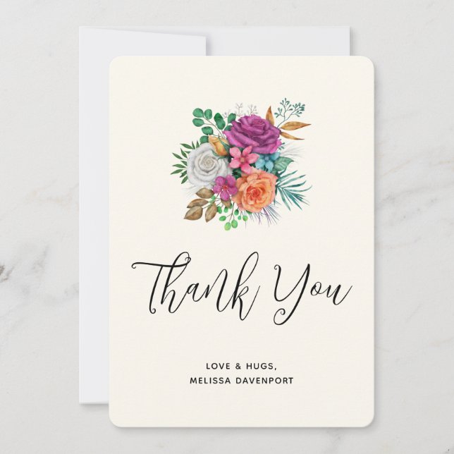 Pink, Orange & White Roses Bouquet Thank You Card (Front)