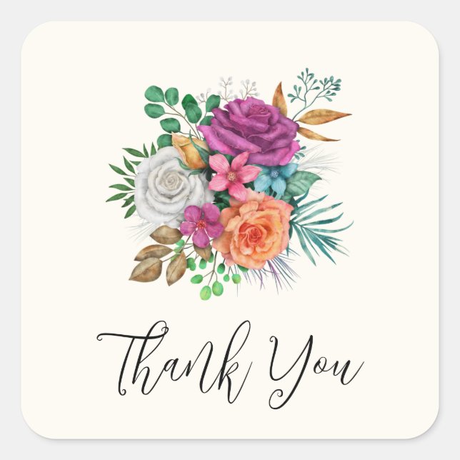 Pink, Orange & White Roses Bouquet Thank You Square Sticker (Front)