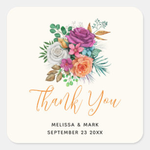 Pink, Orange & White Roses Bouquet Wedding Square Sticker