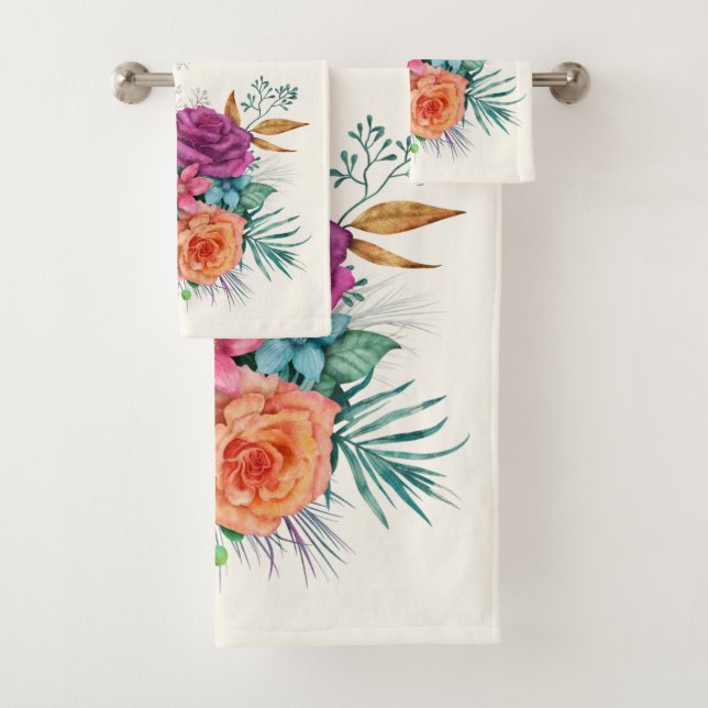 Pink, Orange & White Roses Floral Bouquet Bath Towel Set (Insitu)