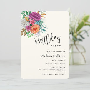 Pink, Orange & White Roses Floral Bouquet Birthday Invitation