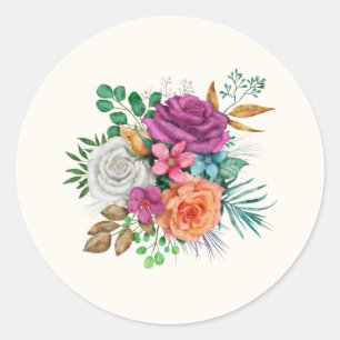 Pink, Orange & White Roses Floral Bouquet Classic Round Sticker