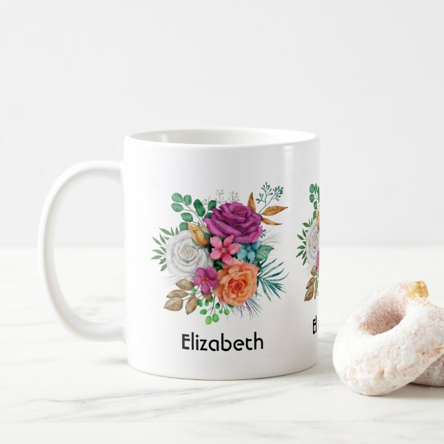 Pink, Orange & White Roses Floral Bouquet Coffee Mug (With Donut)