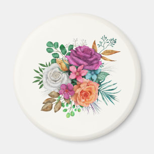 Pink, Orange & White Roses Floral Bouquet Magnet