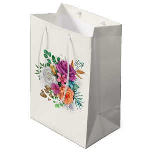 Pink, Orange & White Roses Floral Bouquet Medium Gift Bag